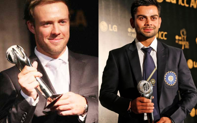 Virat Kohli and AB De Villiers with ICC ODI Cricketer of the Year awards