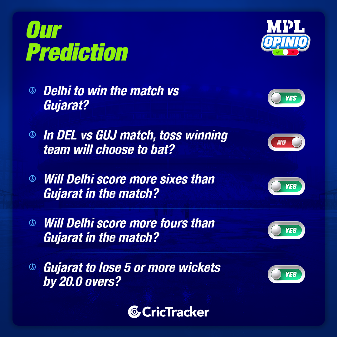  DEL vs GUJ MPL Opinio Prediction - Who will win today match?