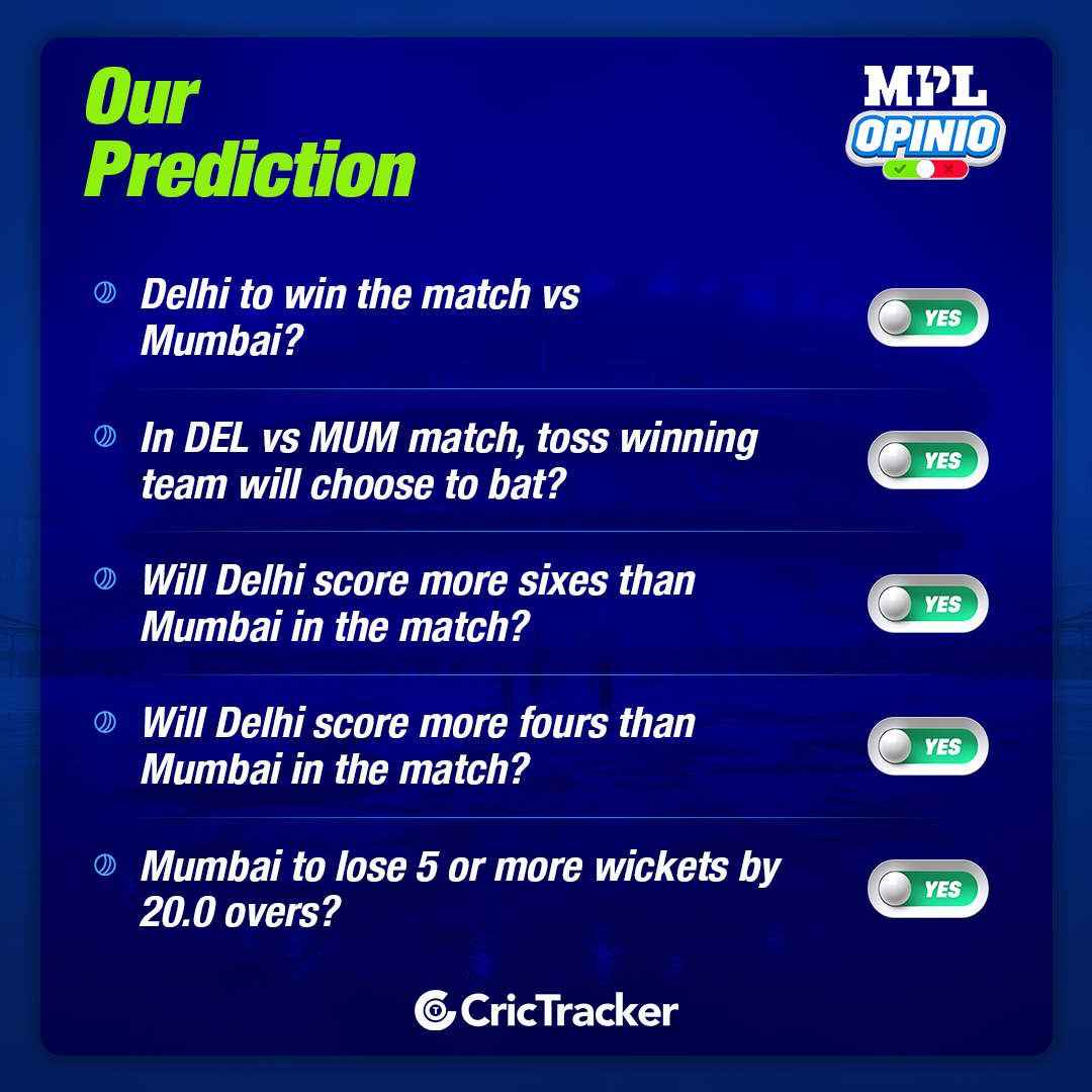  DEL vs MUM MPL Opinio Prediction - Who will win today match?
