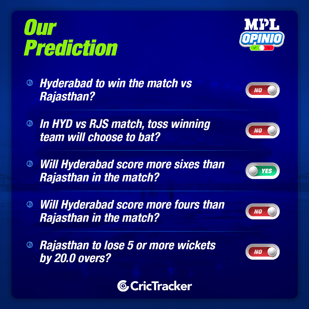 IPL 2024: HYD vs RJS MPL Opinio Prediction - Who will win today match?