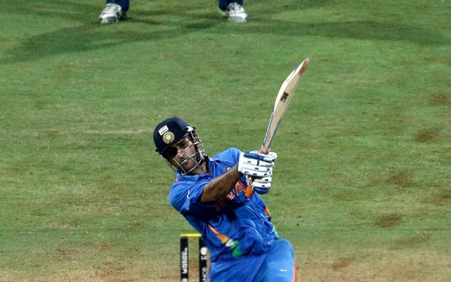 MS Dhoni hitting the match-winning six in the 2011 World Cup Final, leading India to victory over Sri Lanka.