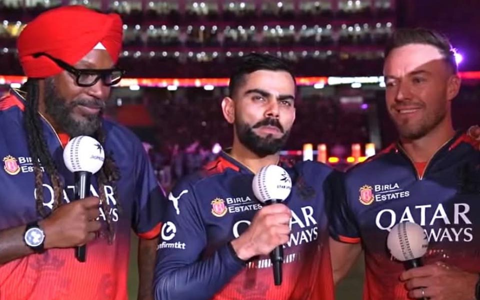 [WATCH] IPL 2025: Virat Kohli teaches legendary 'Ee Saala Cup Namdu' chant to Chris Gayle, AB de Villiers