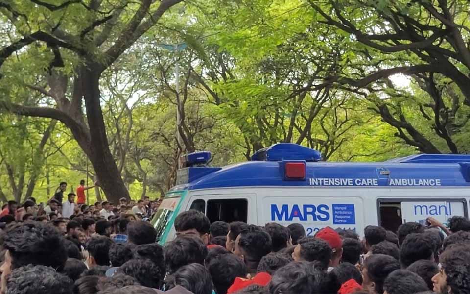 Ambulance carries unconscious patient at M. Chinnaswamy Stadium, Bengaluru - RCB Victory Parade event