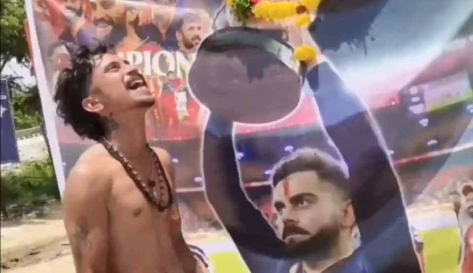 [WATCH] IPL 2025: Die-hard Virat Kohli fan performs 'Blood Tilak' on poster after RCB lift trophy