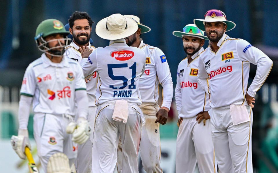 SL vs BAN 2025 2nd Test, Day 3: Sri Lanka celebrating the wicket of Mominul Haque