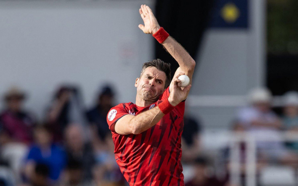 James Anderson bowling for Lancashire in Vitality Blast 2025