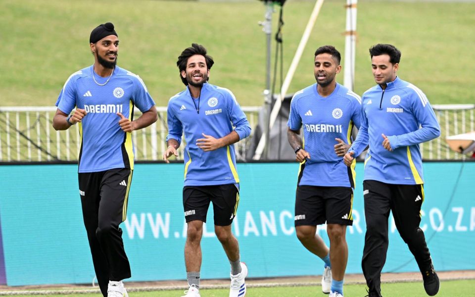 (L to R) Arshdeep Singh, Ravi Bishnoi, Suryakumar Yadav, Abhishek Sharma
