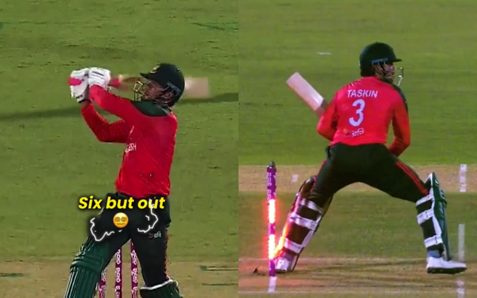 [WATCH] BAN vs WI: Taskin Ahmed in disbelief upon getting hit wicket after smashing six on same ball