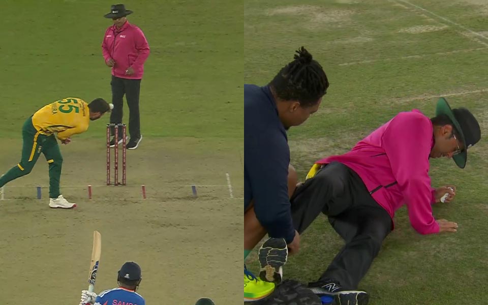 [WATCH] IND vs SA 2025: Umpire Rohan Pandit down in pain as Sanju Samson drive hits knee