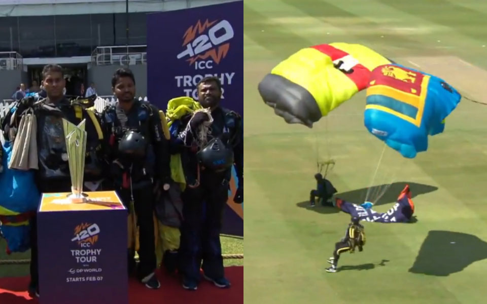 [WATCH] Skydivers unveil ICC T20 World Cup 2026 Trophy at R Premadasa Stadium