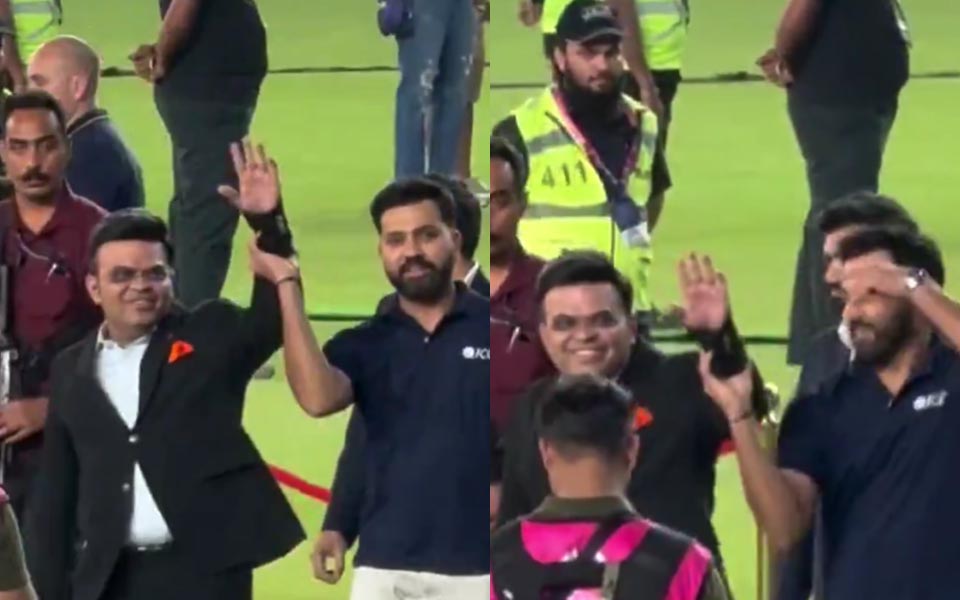 [WATCH] T20 World Cup 2026: Rohit Sharma raises Jay Shah’s hand in front of crowd after India lifts T20WC title