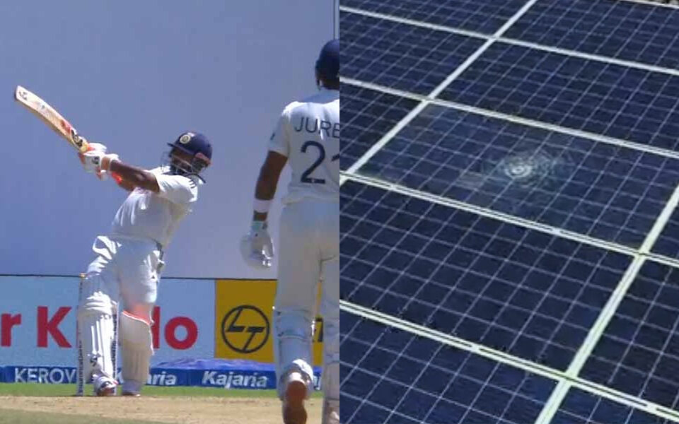 [WATCH] Rishabh Pant hits massive six while battling a hand injury, breaks solar panel on stadium roof