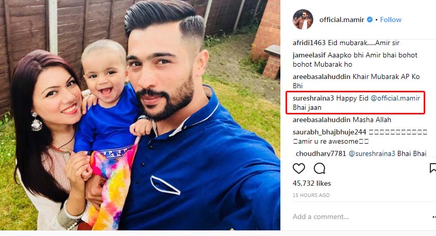 Suresh Raina wishes Amir on the latter's Instagram post