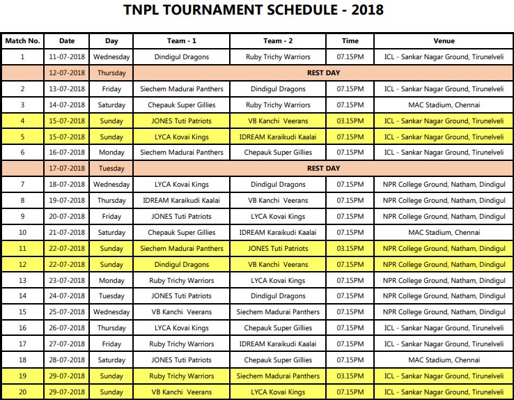 TNPL schedule