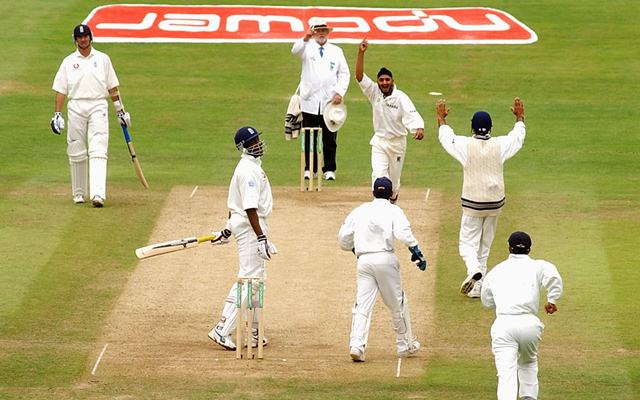 Harbhajan Singh of India celebrates the wicket of Alex Tudor of England during the fifth day of the third Npower test match at Headingley in Leeds 