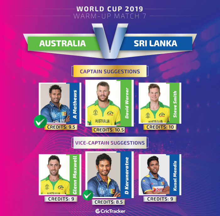ICC-World-Cup-2019-Warm-up-Match--Australia-vs-Sri-Lanka-Captain-and-vice-captain-for-Dream11-Fantasy