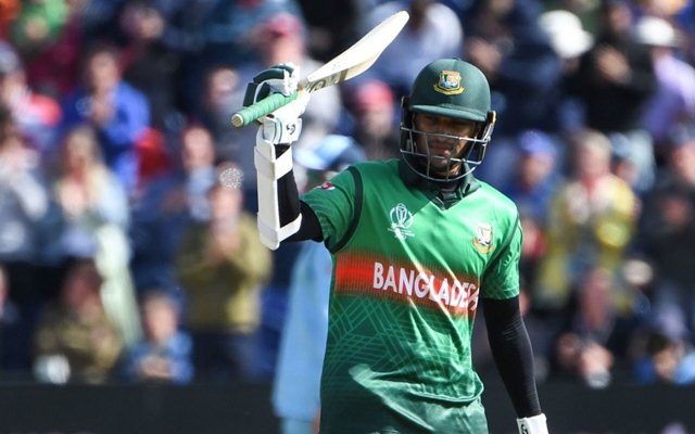 Bangladesh's Shakib Al Hasan celebrates after scoring a century (100 runs) during the 2019 Cricket World Cup group stage match between England and Bangladesh at Sophia Gardens stadium in Cardiff, south Wales, on June 8, 2019. (Photo by Paul ELLIS / AFP) / RESTRICTED TO EDITORIAL USE (Photo credit should read PAUL ELLIS/AFP/Getty Images)