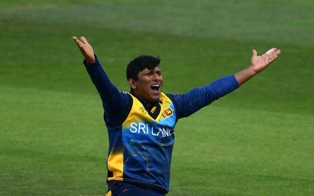 SOUTHAMPTON, ENGLAND - MAY 27: Jeevan Mendis of Sri Lanka appeals during the ICC Cricket World Cup 2019 Warm Up match between Australia and Sri Lanka at Ageas Bowl on May 27, 2019 in Southampton, England. (Photo by Harry Trump-IDI/IDI via Getty Images)