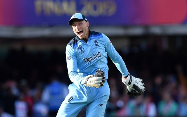 England's Jos Buttler celebrates with teammates after they won the super over to win the 2019 Cricket World Cup final between England and New Zealand at Lord's Cricket Ground in London on July 14, 2019. (Photo by Paul ELLIS / AFP) / RESTRICTED TO EDITORIAL USE (Photo credit should read PAUL ELLIS/AFP/Getty Images)