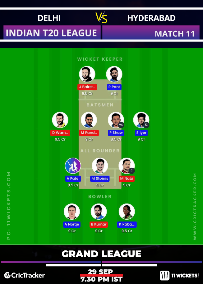 DEL vs HYD 11W GL Match 11 IPL 2020