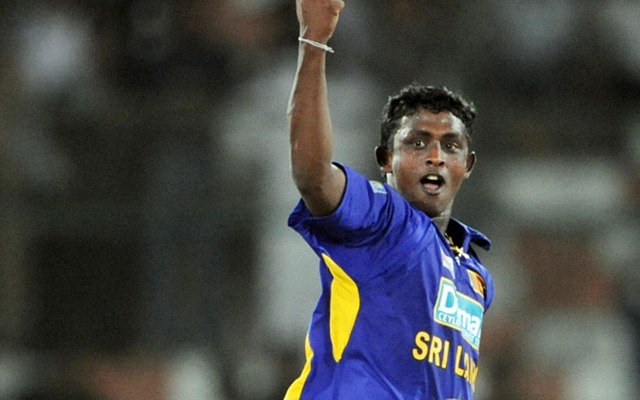 COLOMBO, SRI LANKA - OCTOBER 7: Sri Lankan player Ajantha Mendis celebrates the dismissal of West Indies player Chris Gayle during the ICC World T20 Final between Sri Lanka and West Indies at R. Premadasa Stadium on October 7, 2012 in Colombo, Sri Lanka. (Photo by Ajay Aggarwal/Hindustan Times via Getty Images)