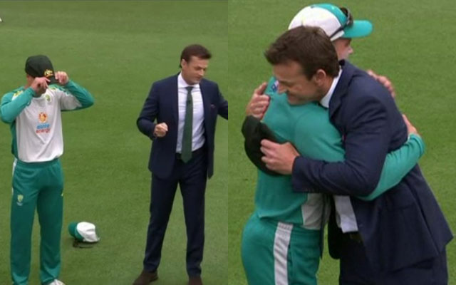 Alex Carey receives his debut cap from Adam Gilchrist