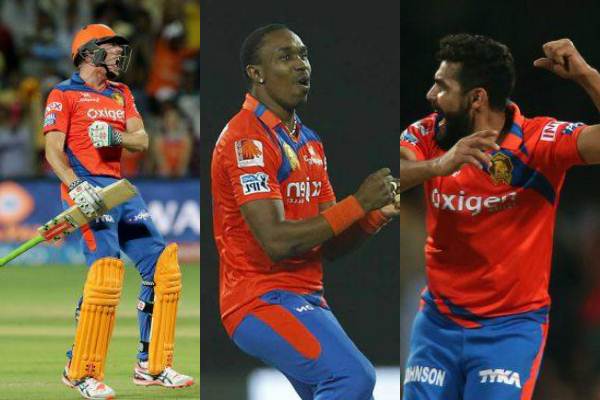 Dwayne Bravo, Ravindra Jadeja and James Faulkner