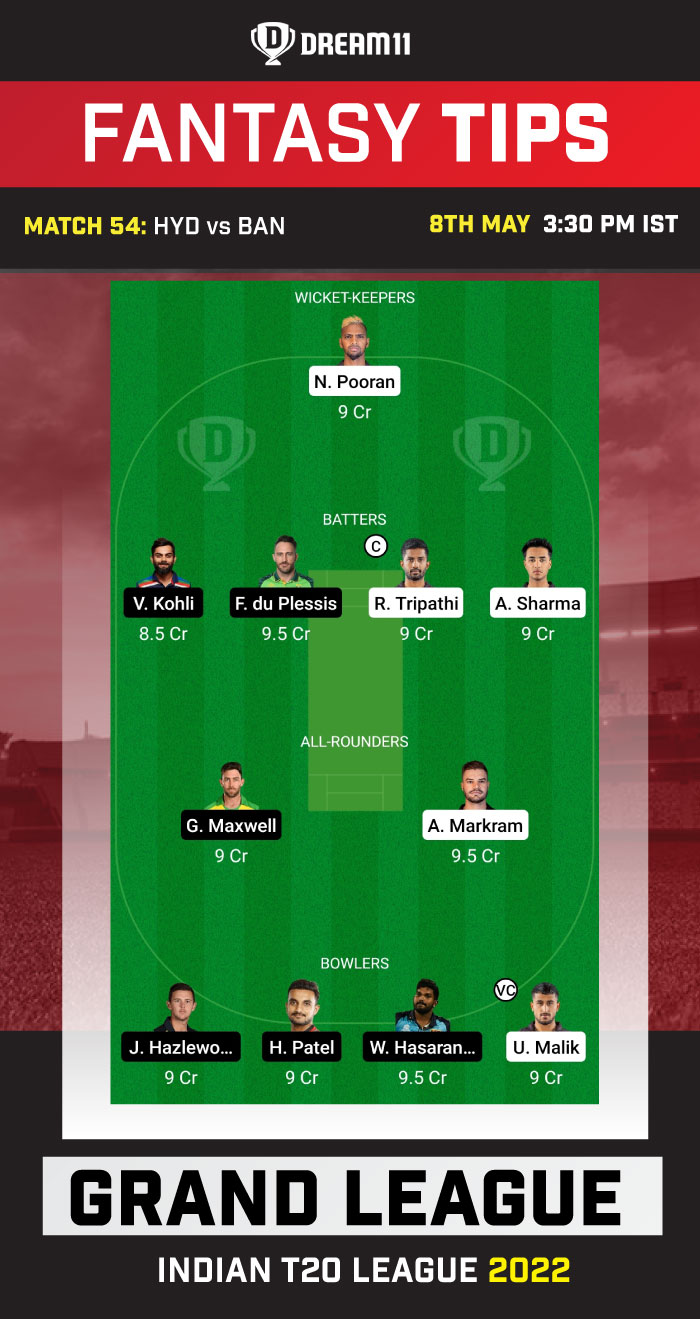 SRh vs RCB Dream11 Fantasy Team