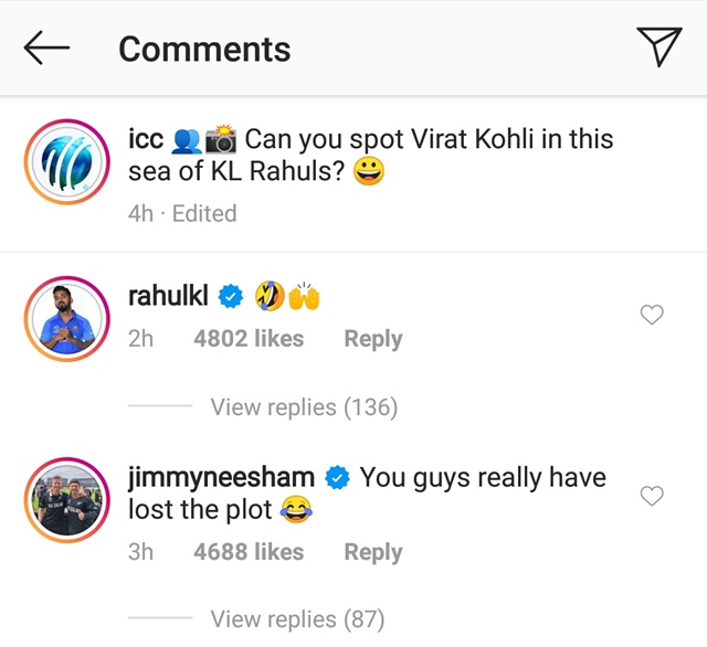 James Neesham and KL Rahul's reply in that ICC post