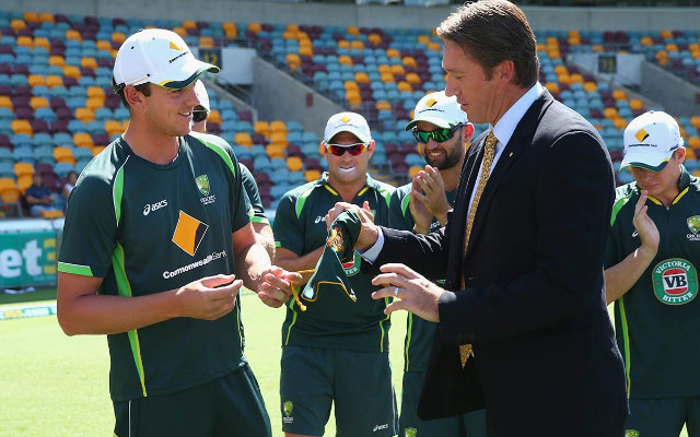 Josh Hazlewood receives his debut cap from Glenn McGrath