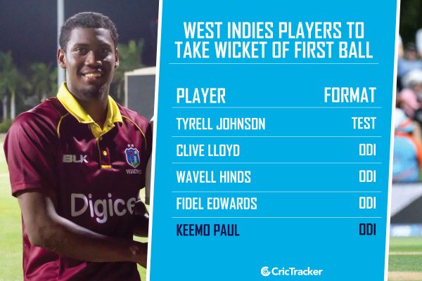 west indies players to take wicket of first ball Keemo-Paul -of-West-Indies