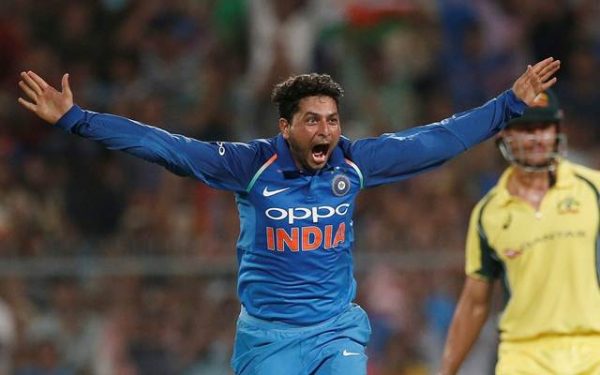 Kuldeep Yadav celebrates his hat-trick
