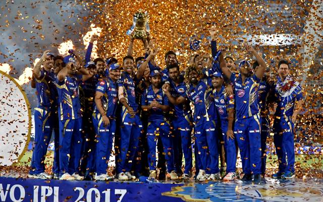Mumbai Indians celebrate with IPL 2017 trophy IPL 2018