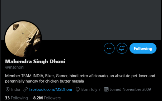 MS Dhoni's Twitter profile