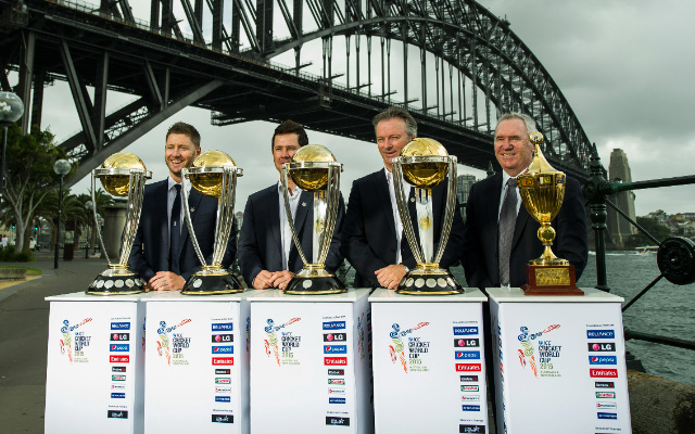 Michael Clarke, Ricky Ponting, Steve Waugh and Allan Border pose for a photo with the ICC Cricket World Cup Trophies