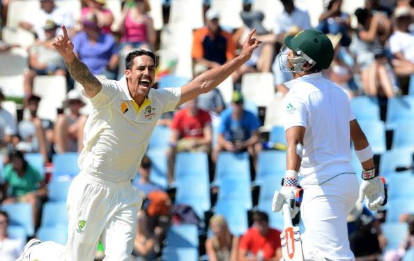 Mitchell Johnson Celebrates After Taking Wicket of JP Duminy