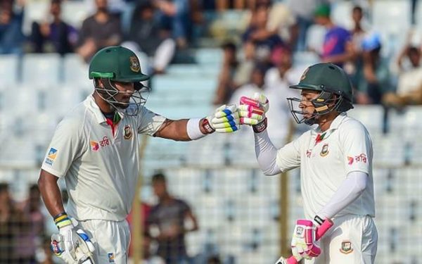 Mushfiqur Rahim (R) celebrates with Sabbir Rahman