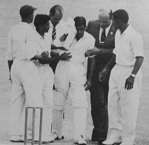Indian captain Nari Contractor was hit on the head by a cruel short ball from Charlie Griffith. (Photo Source: The Cricketer International )