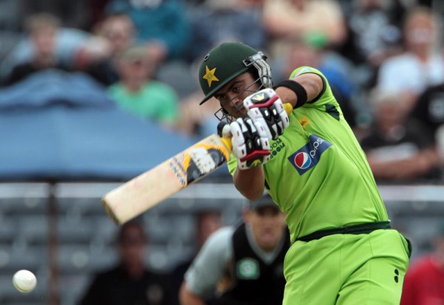 Pakistan batsman Ahmed Shehzad plays a shot off the New Zealand bowling during their third Twenty20 international cricket match at the AMI Stadium in Christchurch on December 30, 2010. (Photo by BRENDON O'HAGAN/AFP/Getty Images)