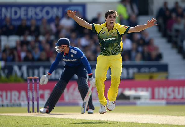 LEEDS, ENGLAND - SEPTEMBER 11: Pat Cummins of Australia successfully appeals for the wicket of Alex Hales of England during the 4th Royal London One-Day International match between England and Australia at Headingley on September 11, 2015 in Leeds, United Kingdom. (Photo by Gareth Copley/Getty Images)