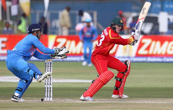 Zimbabwe batsman Peter Joseph Moor plays a ball during the third and final T20 cricket match in a serie of three games between India and Zimbabwe in the Prayag Cup at Harare Sports Club, on June 22, 2016. / AFP / Jekesai Njikizana (Photo credit should read JEKESAI NJIKIZANA/AFP/Getty Images)