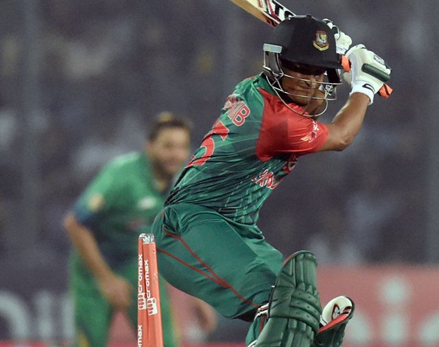 Shakib Al Hasan reacts after being dismissed