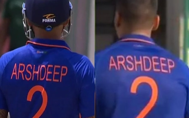 Suryakumar Yadav and Avesh Khan wearing Arshdeep Singh's jersey