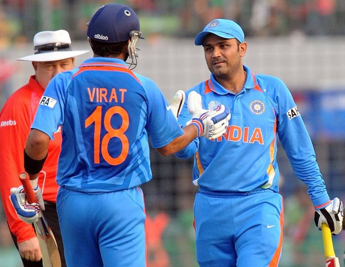 Virat Kohli (100*) and Virender Sehwag (175) made 203 runs for the 4th wicket batting first. (Photo Source:AFP)