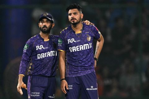 Ajinkya Rahane with Vaibhav Arora, the pick of KKR bowlers, Kolkata Knight Riders vs Sunrisers Hyderabad, IPL, Delhi, May 25, 2025
