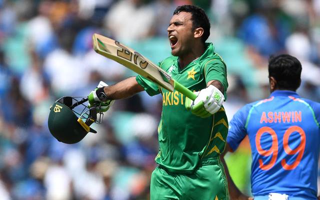 Fakhar Zaman celebrating his ton