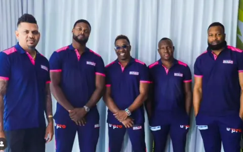 [From L to R] Sunil Narine, Romario Shepherd, Dwayne Bravo, Rovman Powell, Kieron Pollard