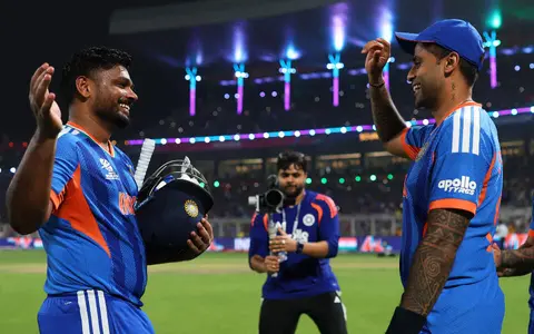 [WATCH] T20 World Cup 2026: Suryakumar Yadav bows down to Sanju Samson after Kolkata heroics