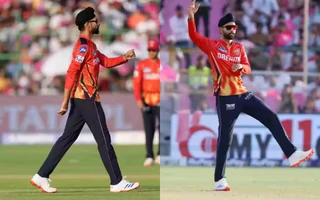 [Watch] IPL 2025: Harpreet Brar celebrates with customary "thigh-five" after knocking over Riyan Parag