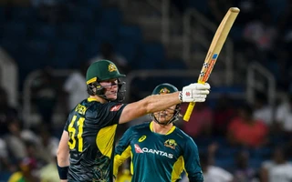 WI vs AUS 2025, First T20I: Mitchell Owen celebrates after bringing up his fifty